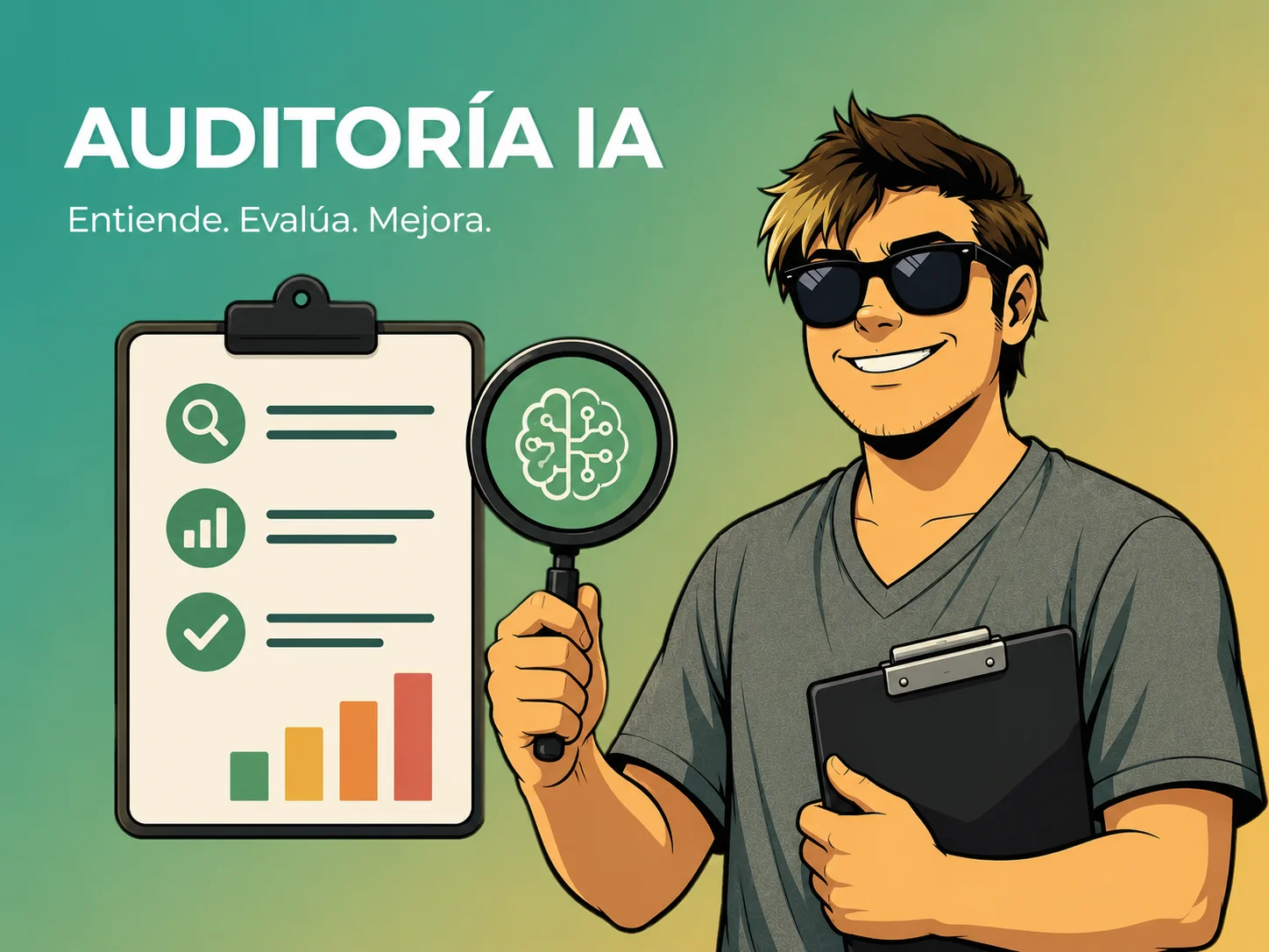 Auditoría IA — Entiende. Evalúa. Mejora. Ilustración con checklist, lupa y cerebro digital